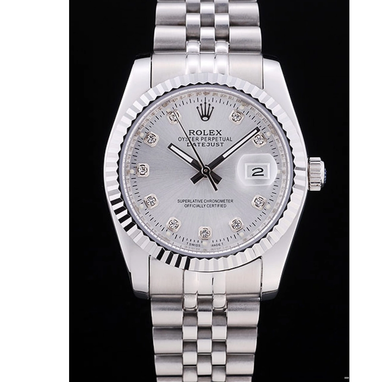 Aaa replica watch Datejust Dial 7455 Silver Rolex Diamonds Ribbed Bezel 0806